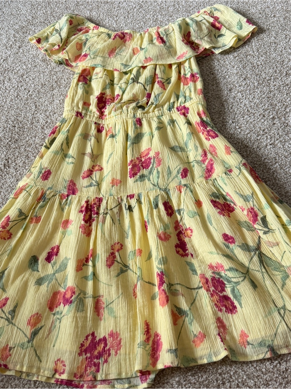 Ralph Lauren Yellow Ruffle Floral Off-Shoulder Crinkle Dress with Pink Blooms